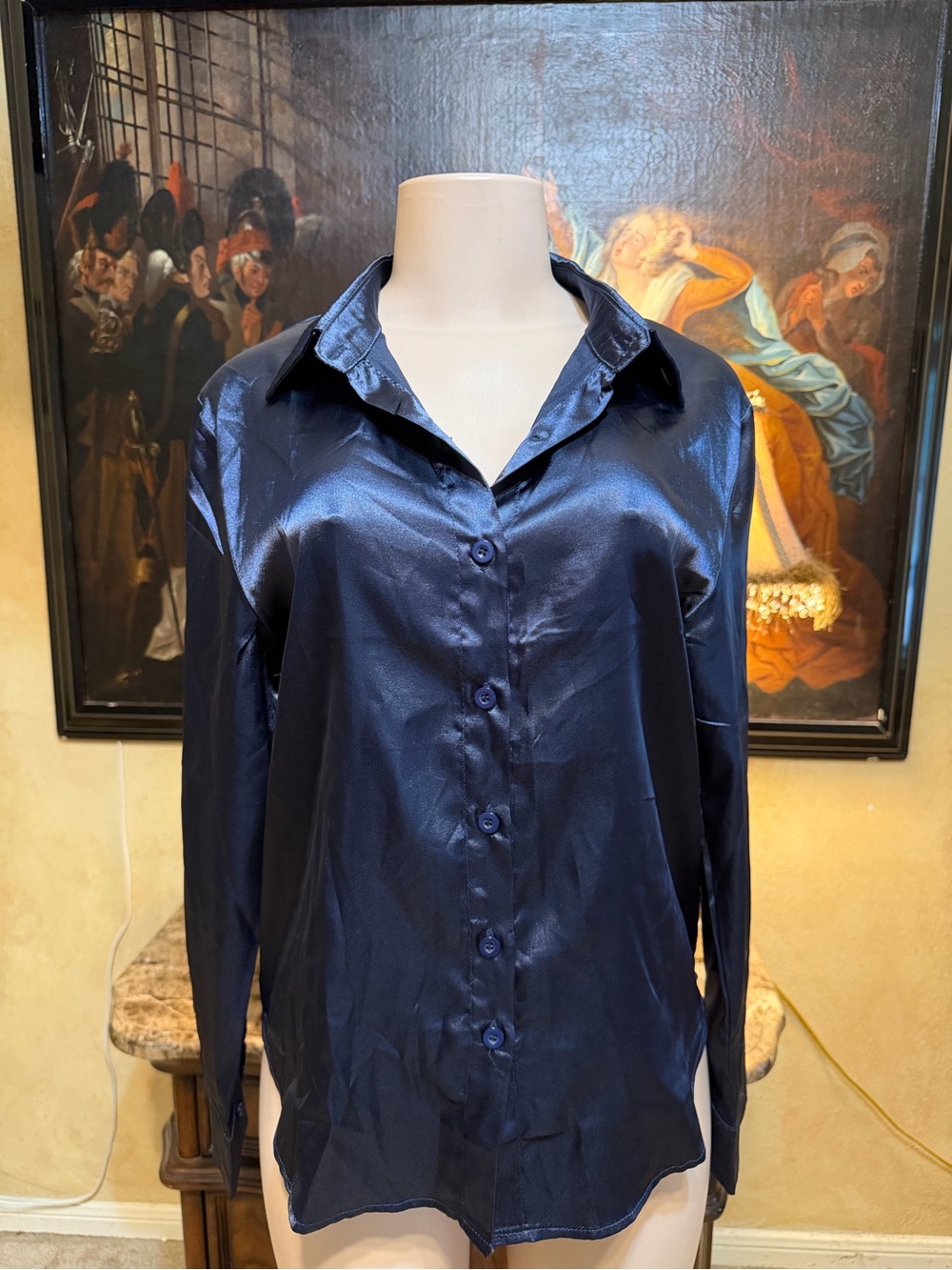 Satin Navy Button-Down Blouse